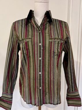 Vintage Striped Silk Blend Blouse Olive Berry French Cuff Boho Dark Academia